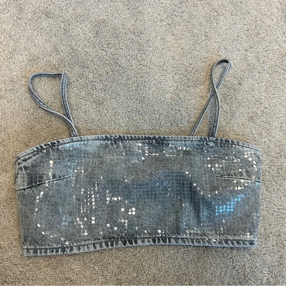 Zara TRF gray foil sequin embellished denim jean crop top sparkly Sz XXL NWOT - Picture 5 of 15